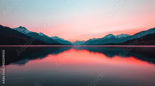 Pastel Sky Over Still Lake Reflecting Pink Mountains