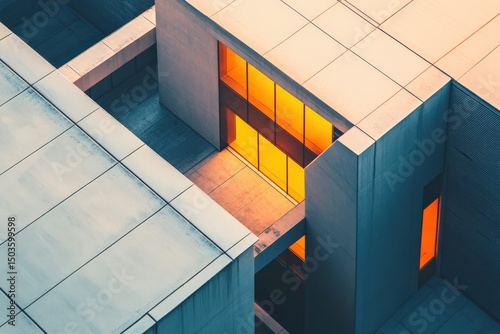 Modern architectural structures with illuminated windows and geometric composition