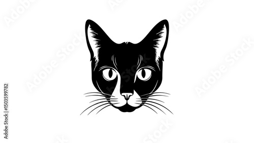 Artistic portrait of a black and white cat displaying an expressive gaze with sharp features and distinctive whiskers in a minimalist style