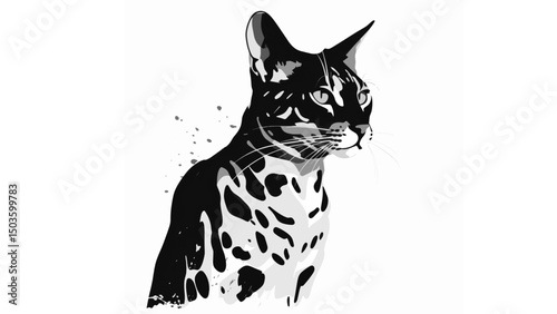 Elegant feline portrait showcasing a leopard cat with striking features and unique spots in a minimalist artistic style