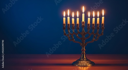 Illuminating the Festival of Lights A Hanukkah Celebration Depicting the Golden Menorah and Nine Lit Candles Symbolizing Religious Traditions and Cultural Observances with Spiritual Meaning