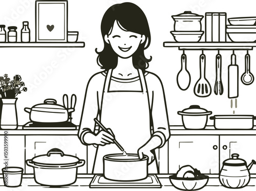 Happy Woman Cooking in a Cozy Kitchen - Black and White Illustration