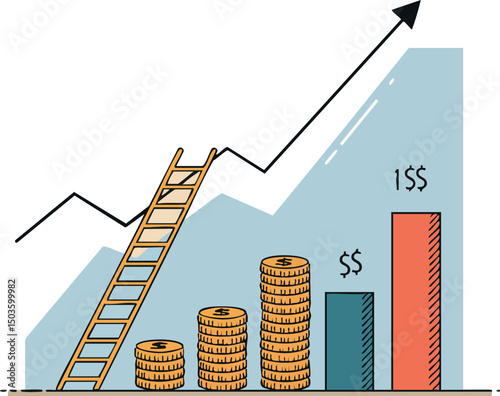 Financial growth chart with ascending coins ladder and arrow vector illustration 