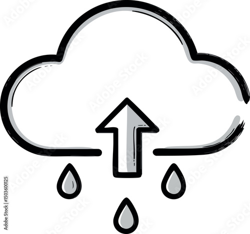 Cloud upload icon with raindrops line art style digital data transfer concept vector illustration 