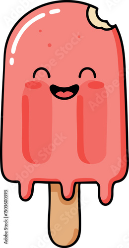 Cute pink popsicle with bite mark and happy face vector illustration dessert treat 