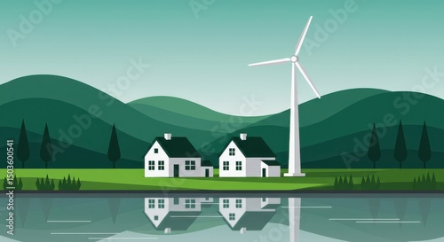 Rural landscape with reflective water, two houses, and a wind turbine