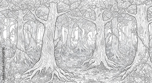 Enchanted Forest Scene with Tall Trees and Hidden Woodland Creatures