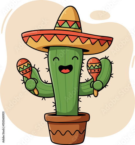 Happy cactus wearing sombrero holding maracas vector illustration in colorful style 