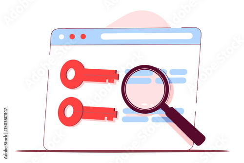 A magnifying glass, two red key icons within a browser window, symbolizing a search for critical information or vulnerabilities. This image represents data analysis, security audits, or keyword resear
