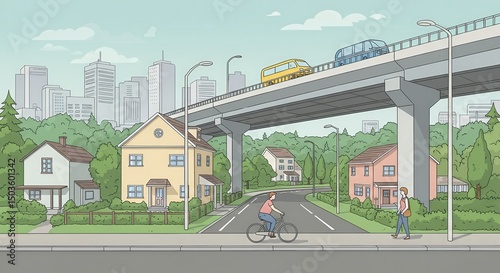 Suburban street with pastel houses, trees, and a city skyline in the background