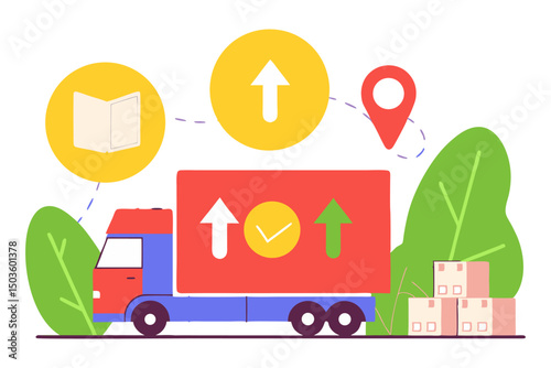 a delivery truck with upward arrows and a checkmark, signifying successful shipment tracking and delivery. The icons around it suggest the process of ordering, dispatch, and location tracking.