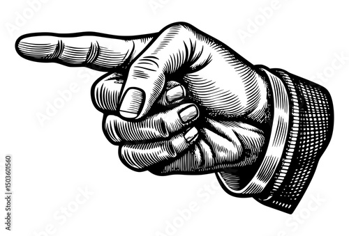 A detailed black and white woodcut style illustration of a hand with the index finger pointing left, suggesting direction or emphasis.