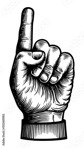 A bold black and white woodcut style illustration of a hand with the index finger pointing upwards, symbolizing "number one" or "attention."