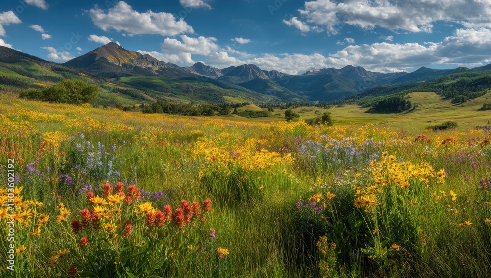 Fototapeta premium Wildflower meadow mountains landscape under cloudy sky