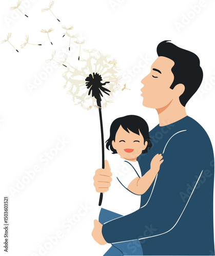 Father holding child blowing dandelion seeds vector illustration family bonding love care 