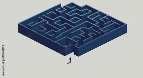 Blue labyrinth carved into floating rectangular block with silhouette of person at entrance