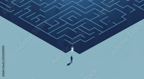 Silhouette of a person walking towards a deep blue maze