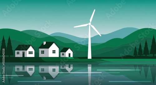Three minimalist houses with dark roofs reflected in calm water, wind turbine on hill, green hills and mountains