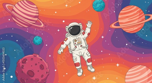 Female astronaut in white spacesuit with red accents waving in space with colorful planets