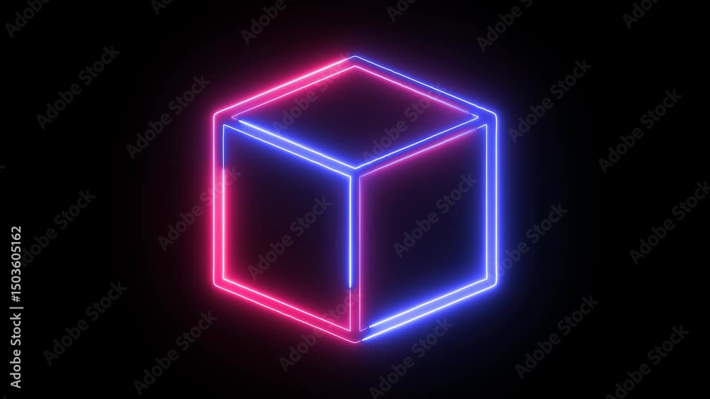 neon pentagonal icon animation on black background, neon cube box icon, 