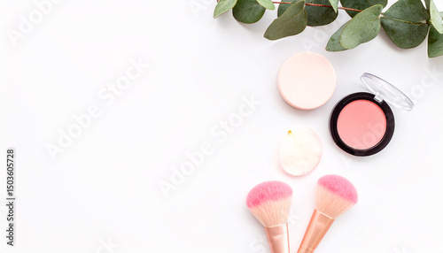 Cosmetics in Artistic Arrangement: A serene composition showcasing a selection of elegant makeup essentials, with brushes, compacts, and powder puffs elegantly arranged, alongside fresh greenery.