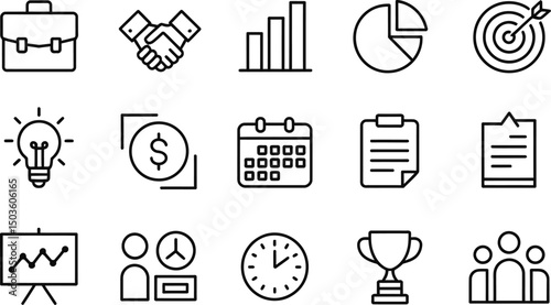 Business and finance vector icons representing strategy ideas and achievement in clean black outlines