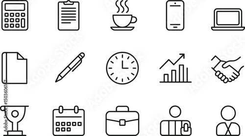 Set of minimalist black and white business icons illustrating work and office elements