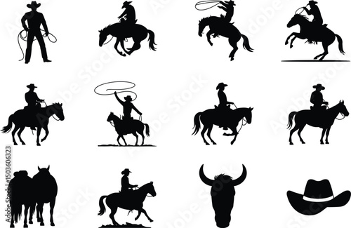 Silhouetted cowboys rodeo illustrations depicting riders and horses in various western actions