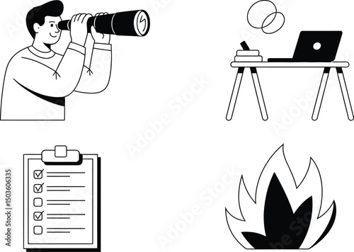 Business vision and task management concept illustrated with flat line style elements