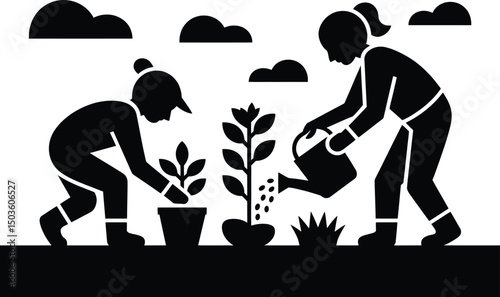 People planting and watering plants in garden illustration for community environmental awareness