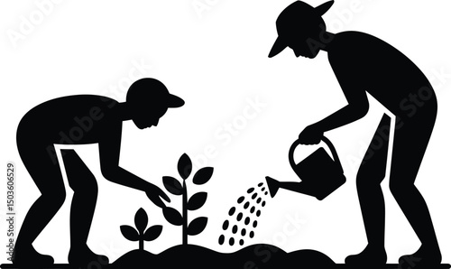 Two figures gardening together planting seedlings and watering a new plant silhouette