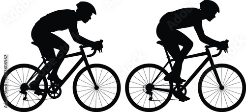 Silhouette of two cyclists riding bicycles in a race competition on a white background