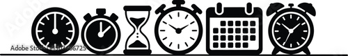 Collection of black and white timekeeping icons including clock stopwatch hourglass calendar alarm clock