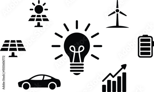 Renewable energy icons illustrating solar panels wind turbine electric car and battery symbols