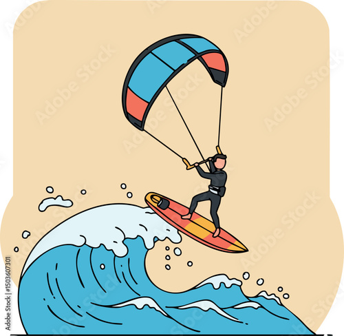 Kite surfer riding blue wave with colorful kite on beige background vector illustration 