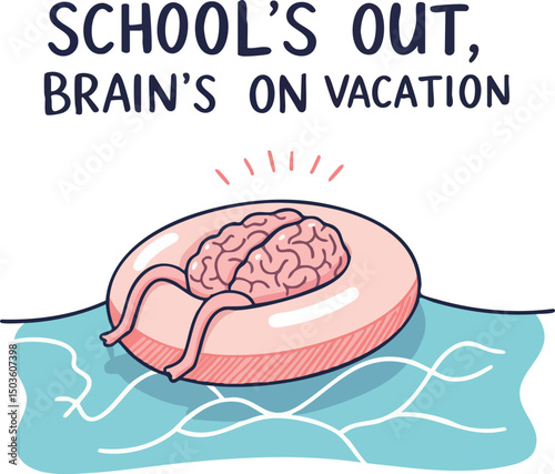 Brain on Vacation Floating on Lifebuoy with Schools Out Summer Relaxation Concept Vector Illustration 