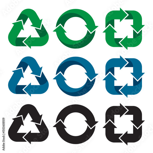 Recycling symbols. Eco-friendly design elements. Triangle, circle, and square cycle sign. 