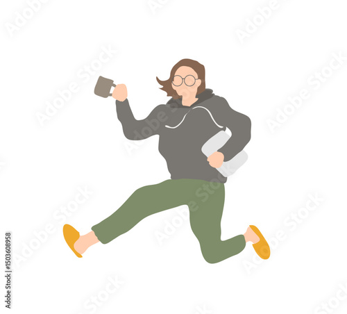 Casual Woman Running with a Fist Pump and Laptop (Glasses, Bun Hairstyle)