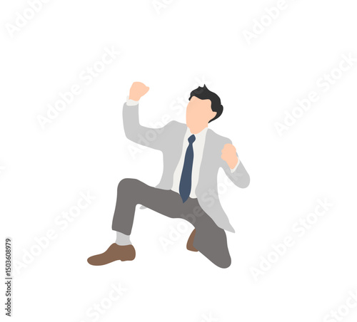 Businessman crouching in victory pose (gray suit)