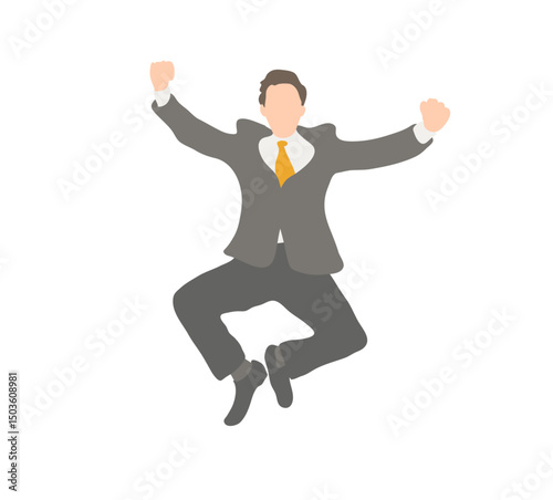 Businessman Jumping in a Victory Pose with Raised Fists (Gray Suit)