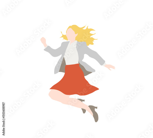 Excited businesswoman jumping with joy, blonde woman in red skirt