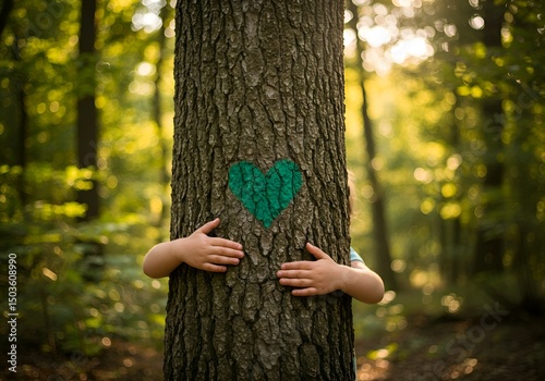 Child Hugging a Tree in Forest with Green Heart