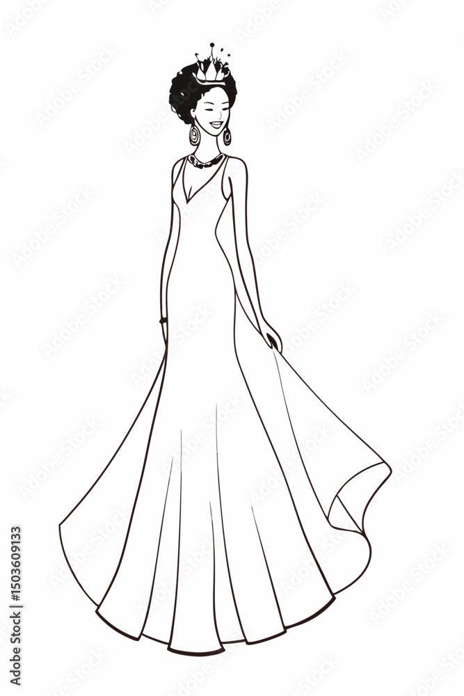 Fototapeta premium Elegant Black Woman in a Gown With a Tiara and Earrings at an Evening Gala