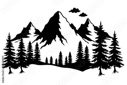 Majestic Mountains Rise Above Dense Evergreen Trees Under a Cloudy Sky