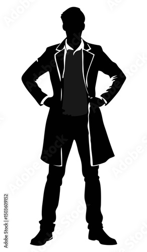 Confident Man Posing Against a Simple White Background With Hands on Hips