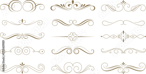 Elegant collection of decorative swirls and flourishes in brown color for design elements