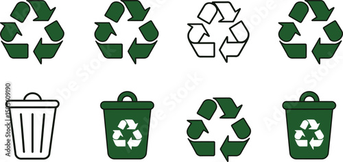 Various recycling symbols and trash bins representing environmental protection and waste management