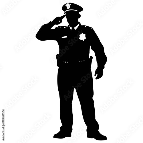 Silhouette of Police Officer Saluting in Uniform During Sunset in a Quiet Neighborhood