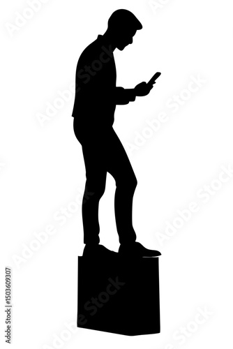 Man Standing on Box, Absorbed in Texting on Phone, Reflecting Modern Addiction