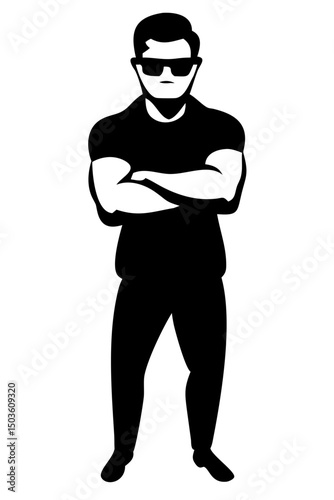 Strong Man Poses Confidently in Sunglasses With Crossed Arms in Black Outfit